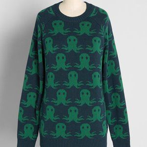Modcloth "Quirky All Over" Navy and Green Octopus Crew Neck Sweater NWT